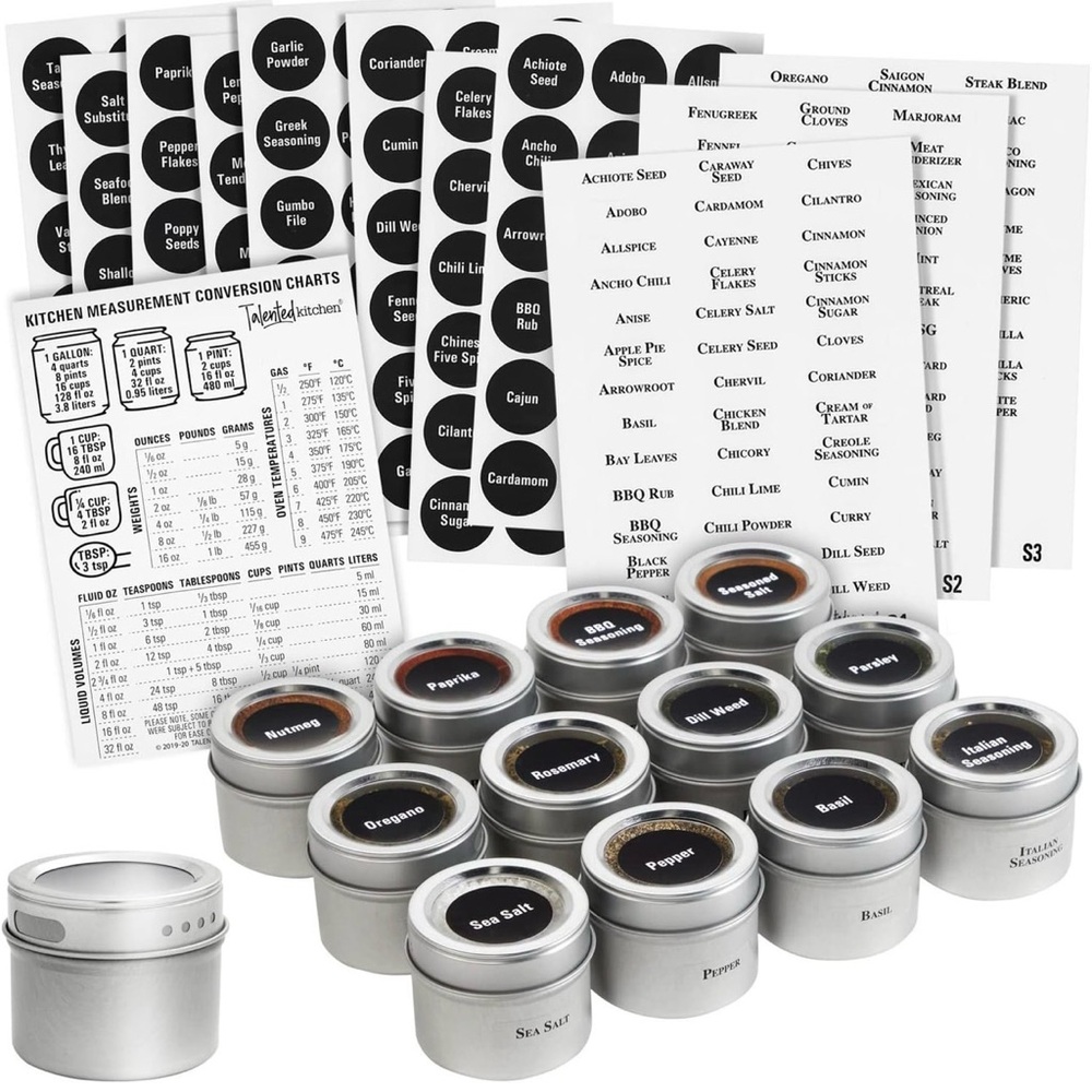 Talented Kitchen 12pc Magnetic Spice Tin Set with 269 Labels